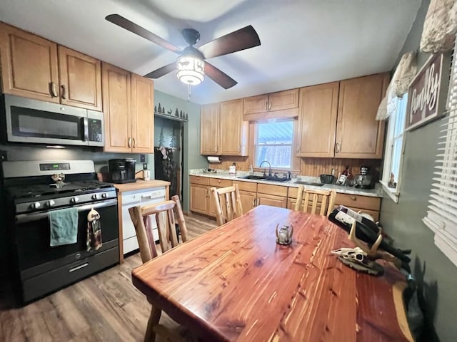 kitchen with wood counters, light wood-type flooring, stainless steel appliances, ceiling fan, and sink