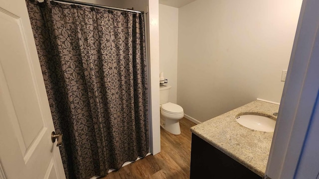 bathroom with vanity, toilet, and wood-type flooring