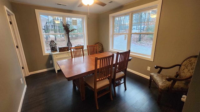 dining room with plenty of natural light, ceiling fan, and dark hardwood / wood-style flooring