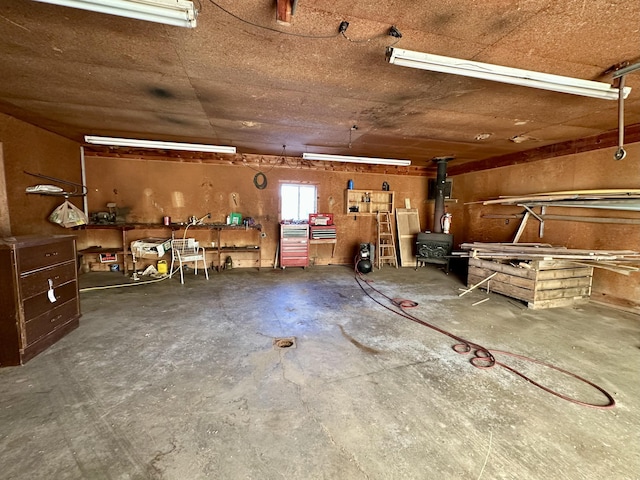 garage with a wood stove