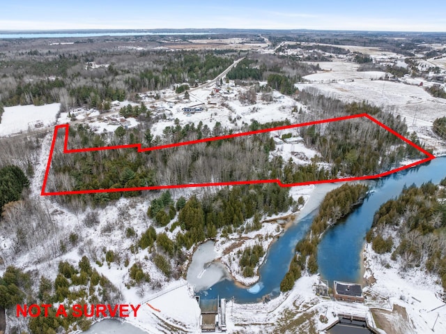 snowy aerial view with a water view