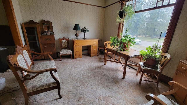 carpeted home office with a baseboard heating unit