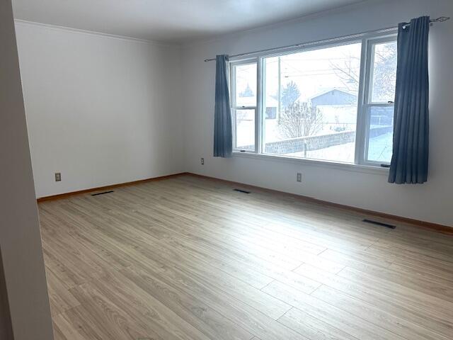 spare room featuring crown molding and light hardwood / wood-style flooring