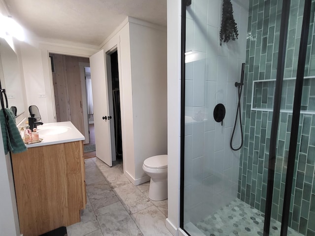 bathroom featuring vanity, a shower with shower door, and toilet