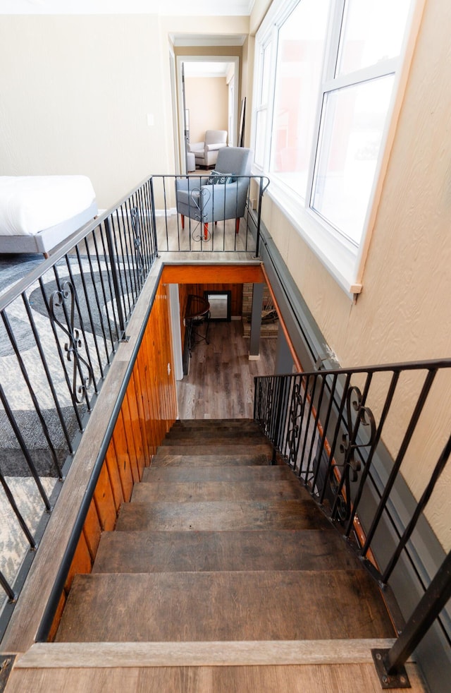 stairway featuring hardwood / wood-style flooring