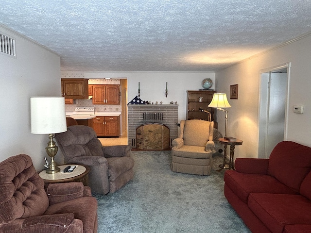 living room featuring light carpet, a textured ceiling, and a brick fireplace