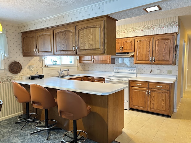 kitchen featuring kitchen peninsula, a kitchen breakfast bar, radiator, white range, and sink