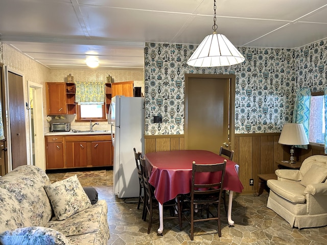 dining space featuring wooden walls and sink