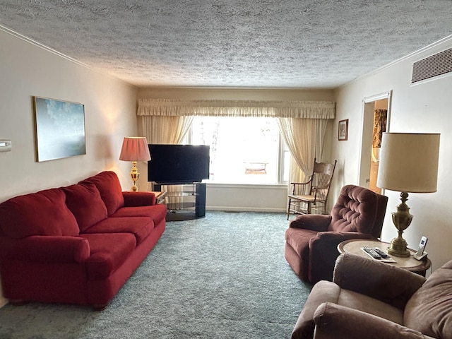 living room with carpet flooring and a textured ceiling