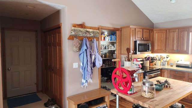 kitchen with appliances with stainless steel finishes, vaulted ceiling, and a textured ceiling