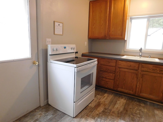 kitchen featuring sink, a healthy amount of sunlight, dark hardwood / wood-style floors, and white electric stove