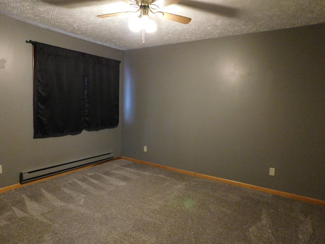 spare room with carpet flooring, ceiling fan, a textured ceiling, and a baseboard heating unit