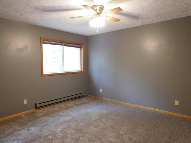 carpeted empty room with a textured ceiling, a baseboard radiator, and ceiling fan