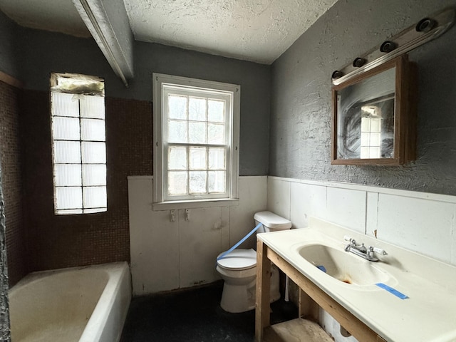 bathroom with a bath, a textured ceiling, toilet, and sink