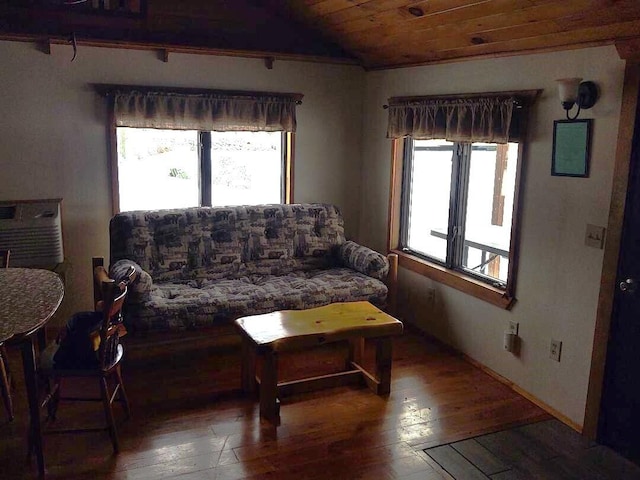 living room with wood ceiling, lofted ceiling, and wood-type flooring