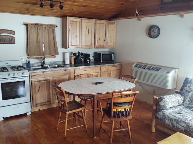 kitchen with dark wood-type flooring, sink, white gas range oven, a wall mounted AC, and wood ceiling