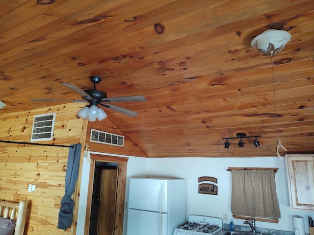 details featuring wooden ceiling and white appliances