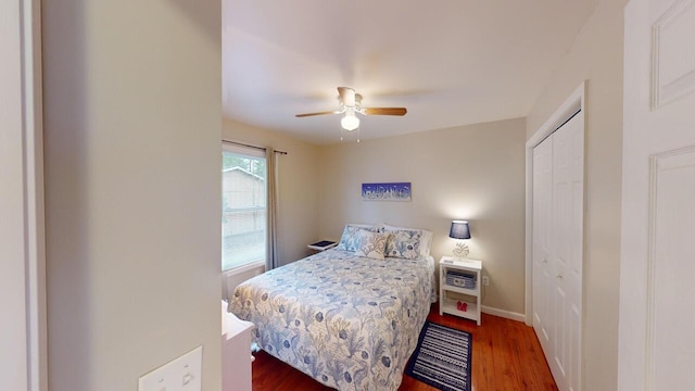 bedroom featuring ceiling fan, dark hardwood / wood-style flooring, and a closet