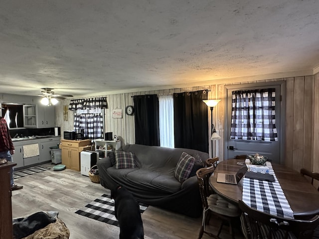 living room with ceiling fan, light hardwood / wood-style flooring, wooden walls, and sink