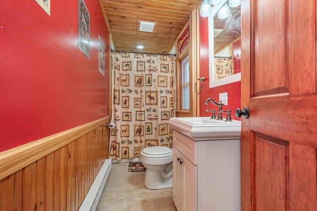 bathroom with wooden ceiling, a baseboard heating unit, wood walls, toilet, and vanity