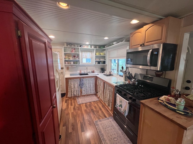 kitchen with gas stove, sink, dark hardwood / wood-style floors, and wood counters