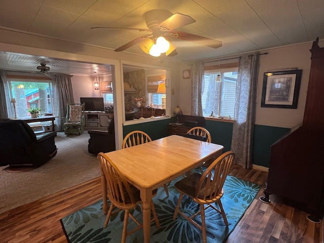 dining area with wood-type flooring, a wealth of natural light, and ceiling fan