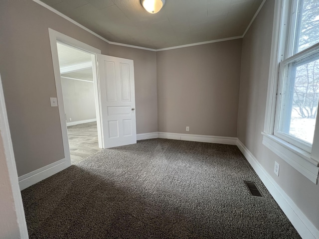 empty room featuring carpet floors and crown molding