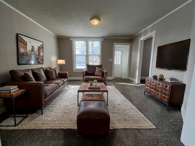 carpeted living room featuring ornamental molding