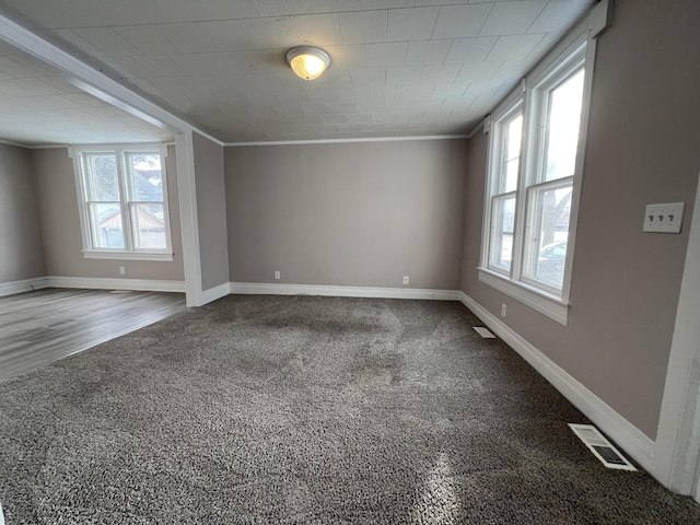 empty room with crown molding and a wealth of natural light