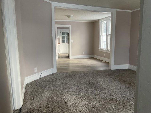 carpeted spare room featuring crown molding