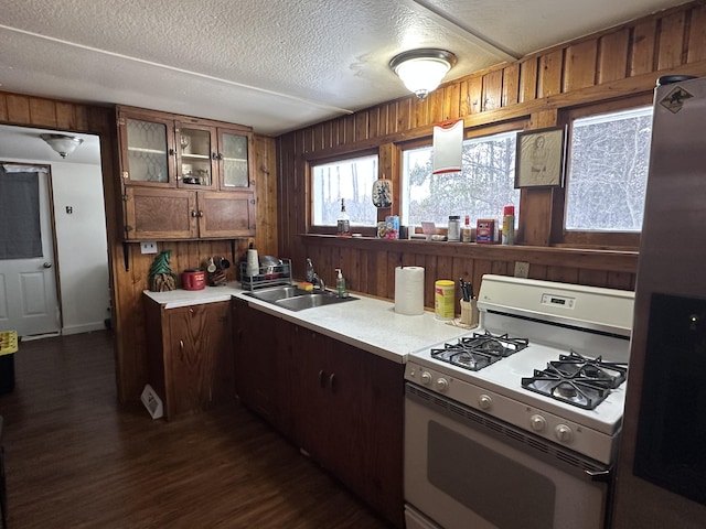 kitchen featuring sink, stainless steel fridge, a textured ceiling, white range with gas cooktop, and wooden walls