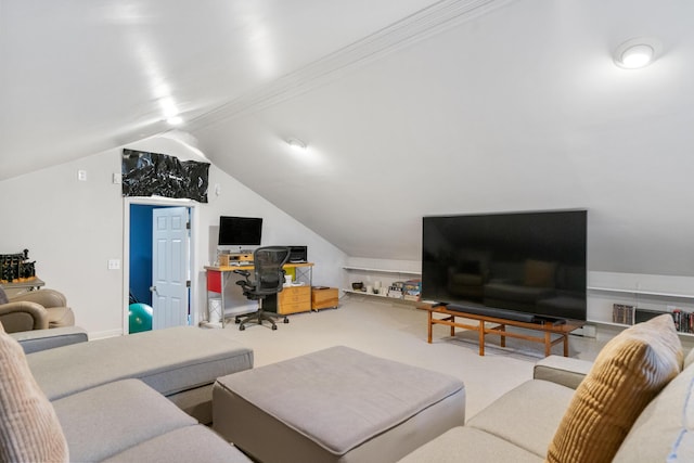 living room with carpet flooring and vaulted ceiling