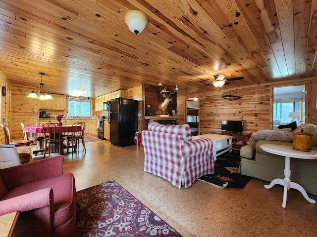 living room featuring a healthy amount of sunlight, wood ceiling, and wooden walls