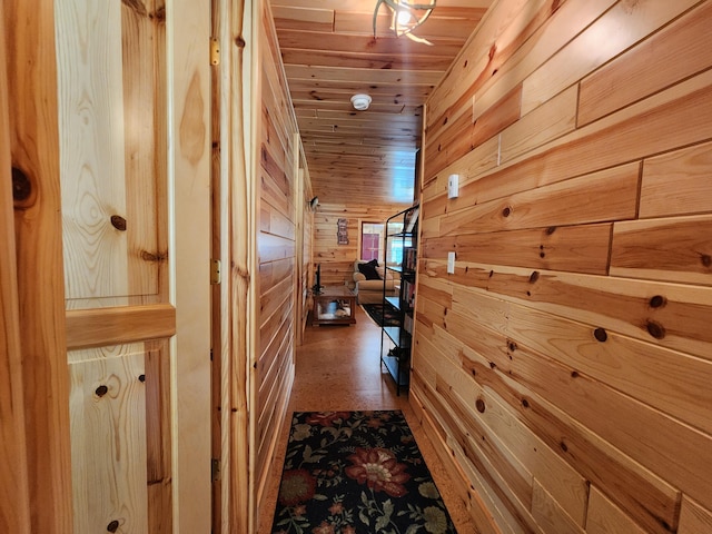 hallway featuring wooden walls and wooden ceiling