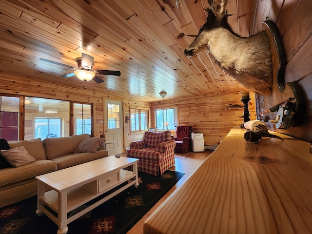 living room with plenty of natural light, wood ceiling, and wooden walls