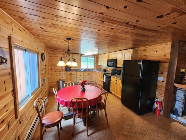 dining room featuring wood ceiling, sink, wooden walls, and vaulted ceiling