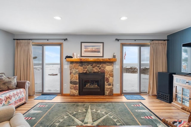 living room featuring a stone fireplace and light wood-type flooring