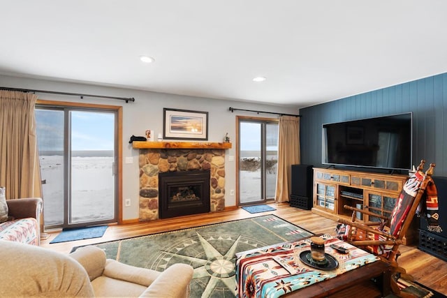 living room featuring wood-type flooring and a stone fireplace