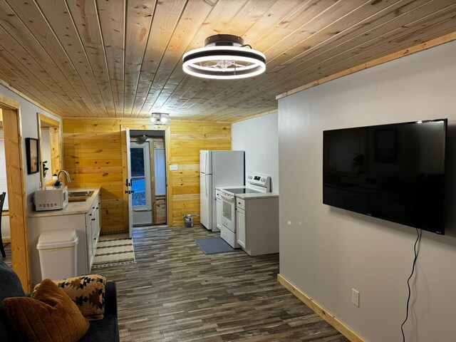 kitchen featuring white cabinetry, sink, wooden ceiling, wood walls, and white appliances