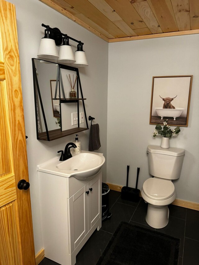 bathroom with tile patterned flooring, vanity, wood ceiling, and toilet