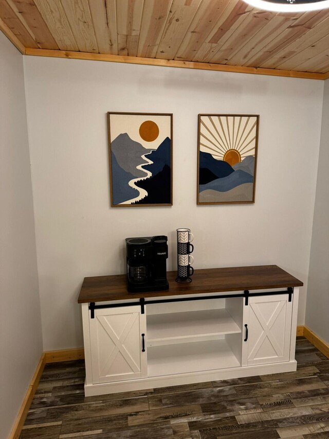 room details with wooden ceiling, hardwood / wood-style flooring, and crown molding