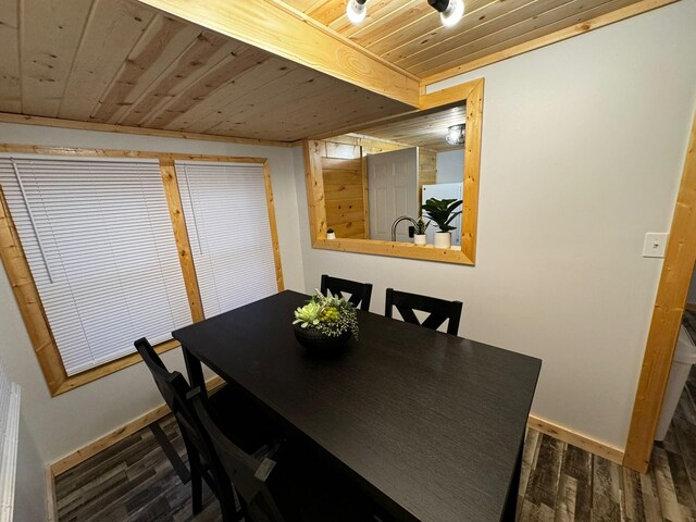 dining area featuring dark hardwood / wood-style floors and wood ceiling