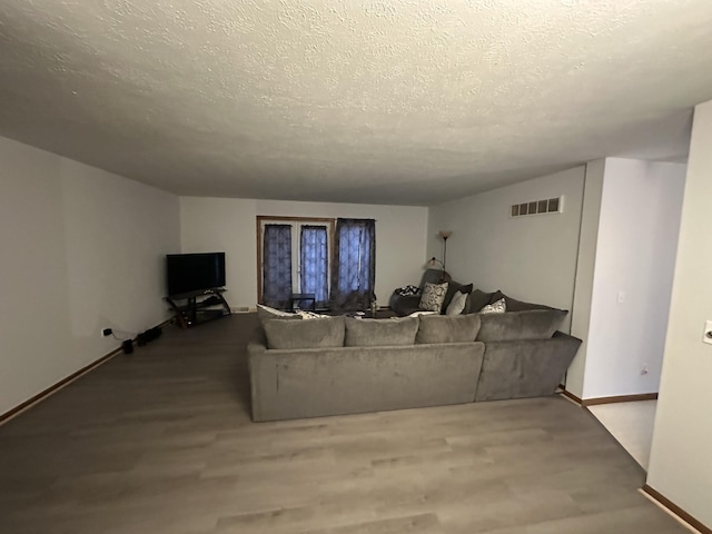 living room featuring hardwood / wood-style floors and a textured ceiling