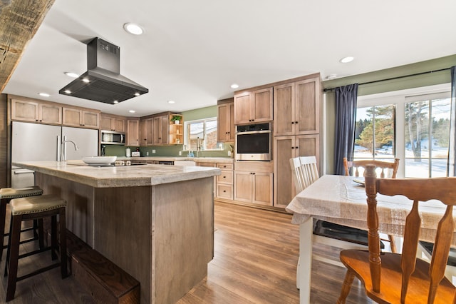 kitchen featuring a kitchen island with sink, light hardwood / wood-style flooring, appliances with stainless steel finishes, a healthy amount of sunlight, and island exhaust hood