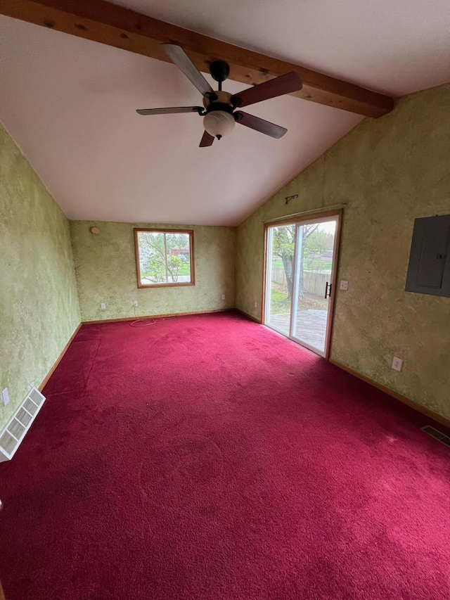 unfurnished room featuring carpet flooring, vaulted ceiling with beams, ceiling fan, and electric panel