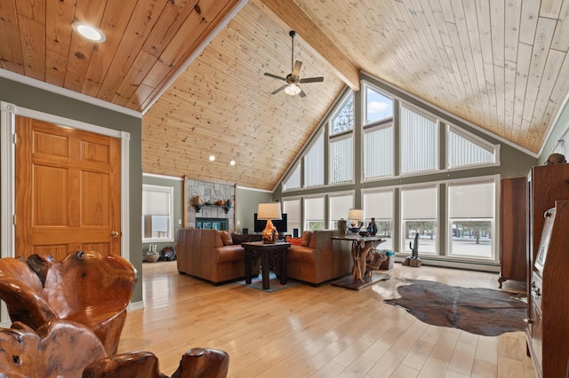 living area with light wood finished floors, wood ceiling, ornamental molding, a stone fireplace, and high vaulted ceiling