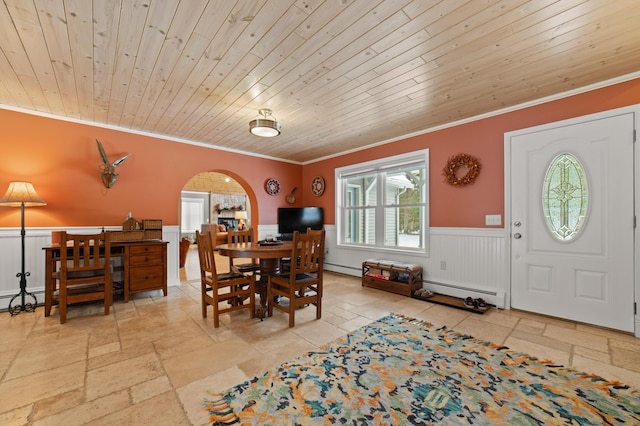 dining space with wood ceiling, stone tile flooring, and wainscoting