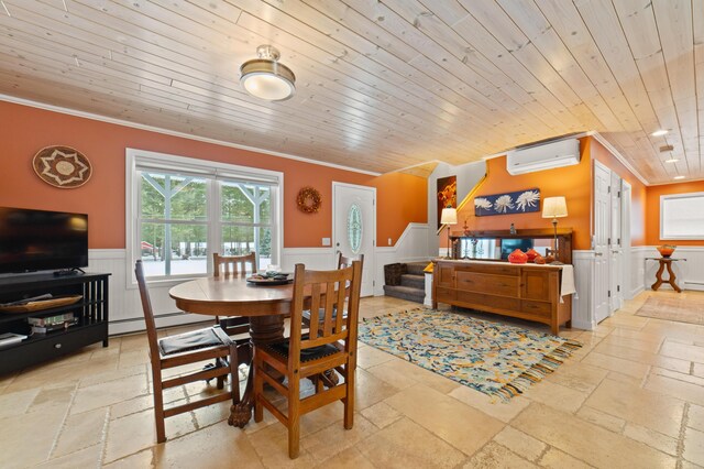 kitchen with wooden counters, wooden ceiling, stainless steel appliances, a center island, and backsplash