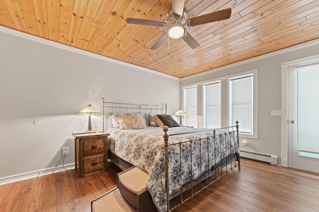 bedroom featuring hardwood / wood-style floors, wooden ceiling, baseboard heating, and ceiling fan