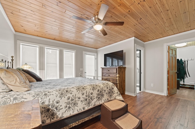 bedroom with baseboards, dark wood-type flooring, wooden ceiling, and crown molding